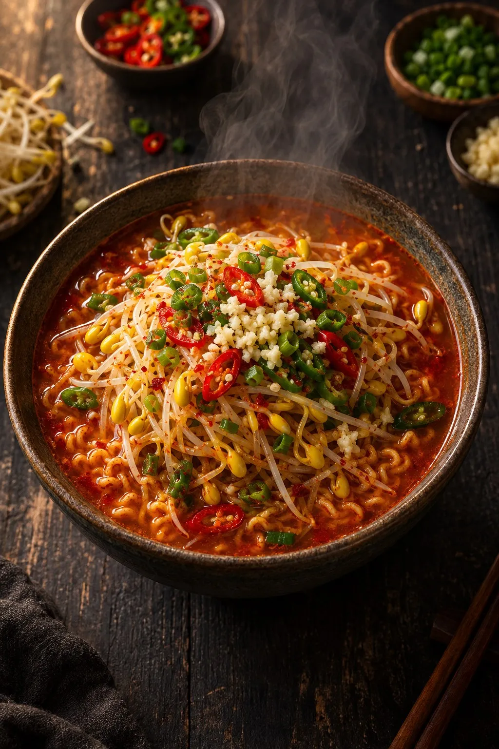 A bowl of red ramyun soup topped with soybean sprouts, sliced chilies, garlic, and scallions