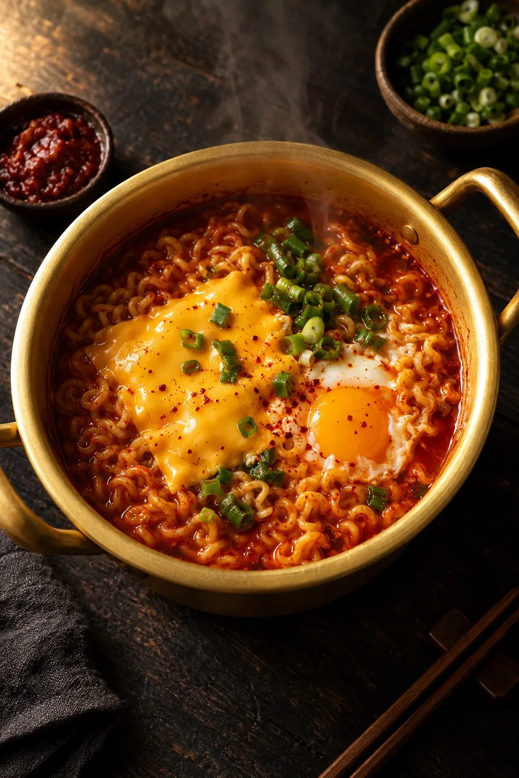 A golden aluminum pot of red ramyun with a melting cheese slice, an egg, and chopped scallions