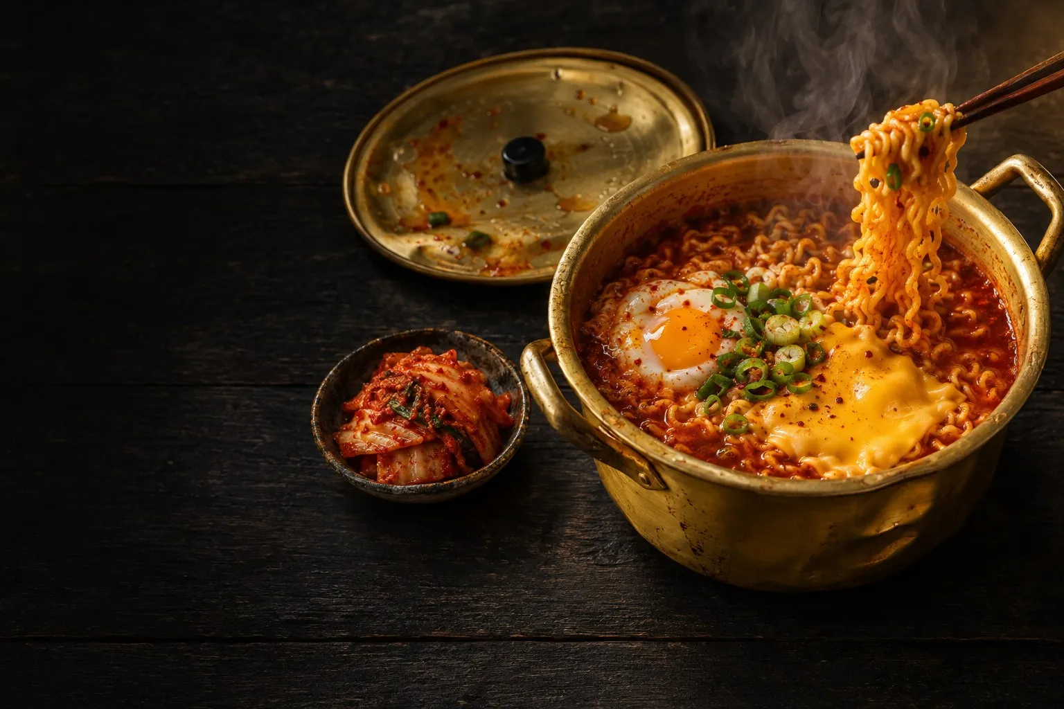 A golden aluminum pot of spicy ramyun with egg, scallions and melting cheese, chopsticks lifting noodles
