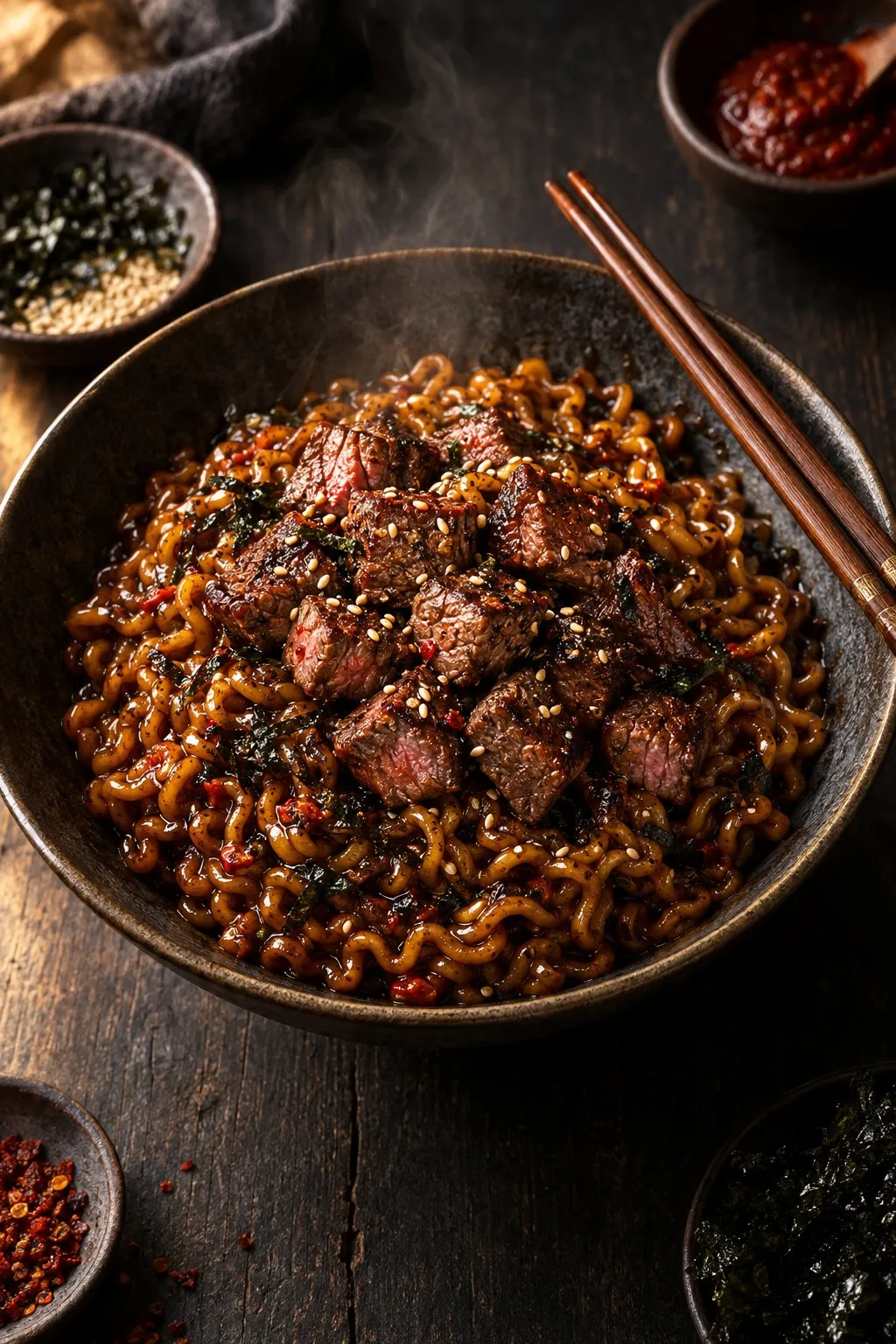 A bowl of glossy black-bean noodles topped with seared steak cubes and sesame seeds